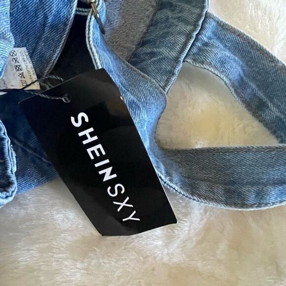NWT SHEIN SYX women’s plus size faded Blue and Ripped Denim Overalls SZ1X - Picture 15 of 16